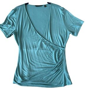IMAN Global Chic Teal Faux Wrap Drape Ruching Stretch Knit Top Short Sleeve-Med